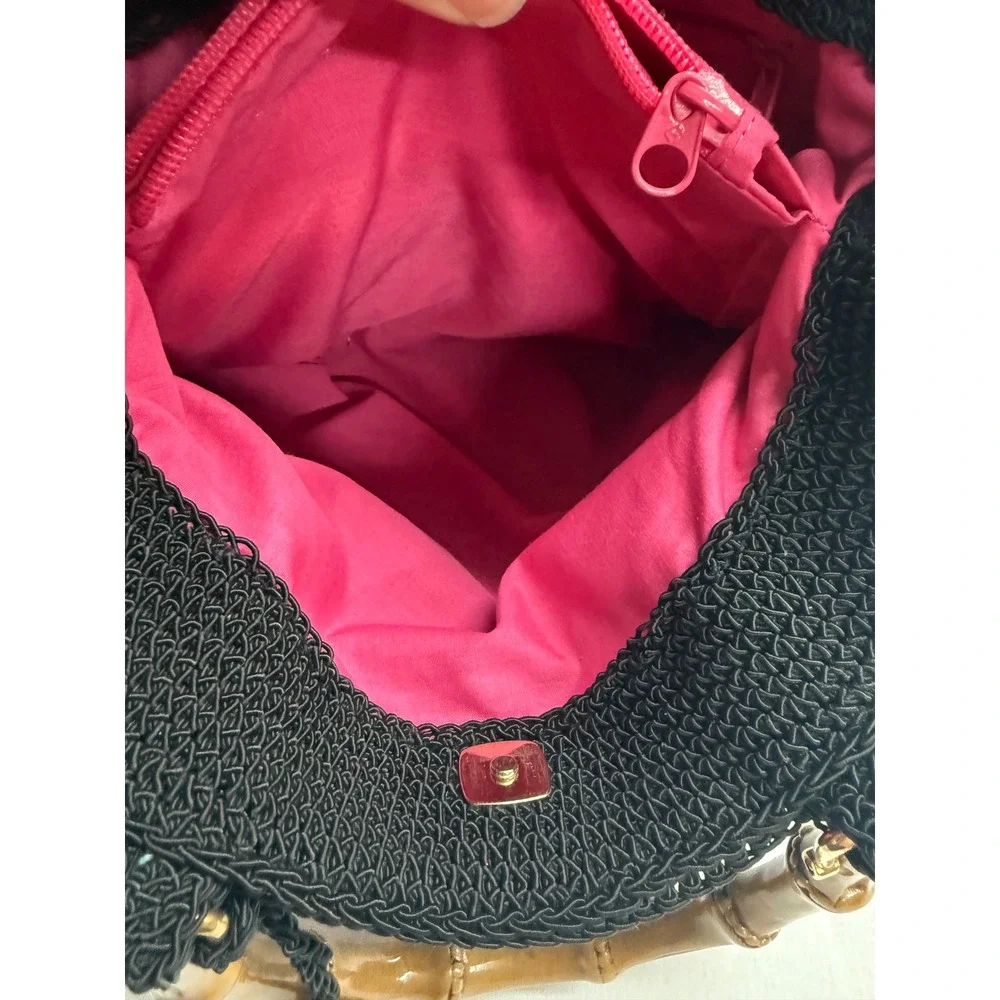 Liz Claiborne Black Woven Bamboo Handle Satchel Tote Handbag Pink Lining